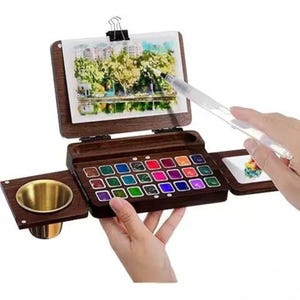 24-Crid portable paint box,Walnut Travel Palette Gift for a Painter Gift for him/her,Portable Folding Palette &Paint Case,Art Tools Outdoor