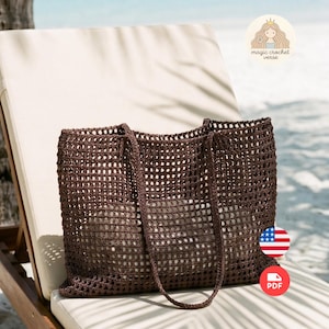 May include: A dark brown crochet tote bag featuring an open, grid-like mesh pattern throughout the body. The bag has two matching dark brown crochet handles and a rectangular shape, showcasing a simple, functional design for carrying items.