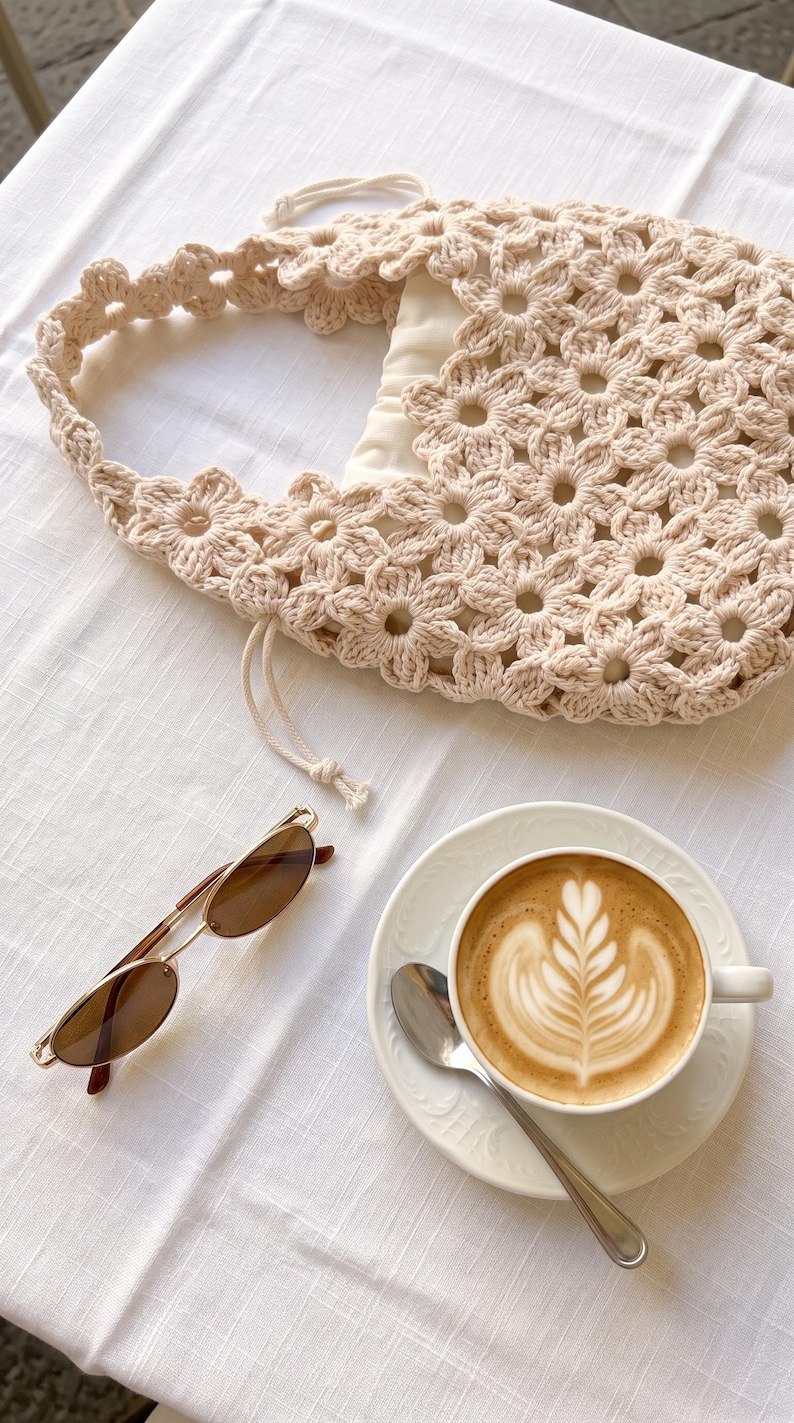 Puede incluir: Un bolso de ganchillo beige con patr&oacute;n floral y cierre de cord&oacute;n, unas gafas de sol con montura dorada y cristales marrones, y una taza de cer&aacute;mica blanca con caf&eacute; con arte latte sobre un plato a juego con una cuchara de metal plateado.