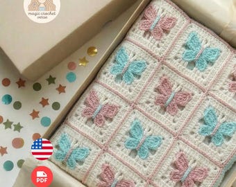 Crochet Baby Blanket Pattern Butterfly Granny Square | Easy Afghan PDF Pattern Instant Download + Video Tutorial