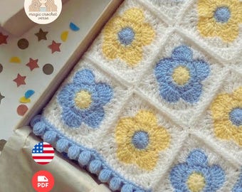 Floral Granny Square Crochet Baby Blanket Pattern, Customizable Beginner PDF Digital Pattern
