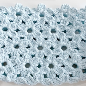 Puede incluir: Un tejido de ganchillo azul claro con un patr&oacute;n floral repetitivo hecho de motivos de flores interconectados. El textil tiene un dise&ntilde;o calado con centros circulares y bordes en forma de p&eacute;talos. Un ganchillo gris y dorado se sit&uacute;a a la derecha.