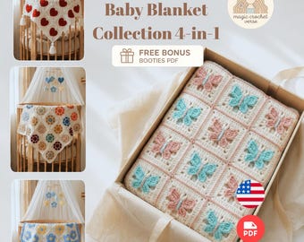 Crochet Baby Blanket Pattern Bundle, 4-in-1 Granny Square Designs (PDF)