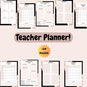 Puede incluir: Un planificador para profesores con una cubierta negra y el texto "Teacher Planner 2022-2023". El planificador incluye calendarios mensuales, planes de presupuesto y páginas de notas. Las palabras "Teacher Planner!" y "+39 PAGES" también son visibles.