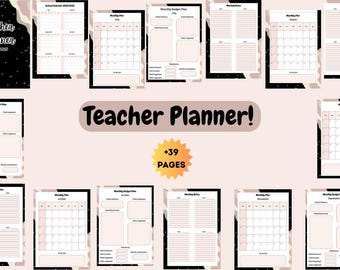 May include: A teacher planner with a black cover and the text "Teacher Planner 2022-2023". The planner includes monthly calendars, budget plans, and note pages. The words "Teacher Planner!" and "+39 PAGES" are also visible.