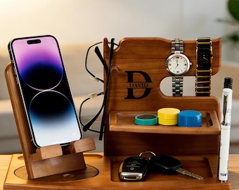 Personalized docking station, Engraved Desk Organizer, Gift for men, Mens Night Stand Charger
