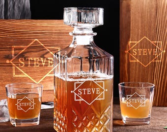 Personalized Whiskey Decanter Set with Wood Box|Groomsmen Proposal Groomsman Gift Best Man Gift|Engraved Whiskey Decanter Set Whiskey Glass