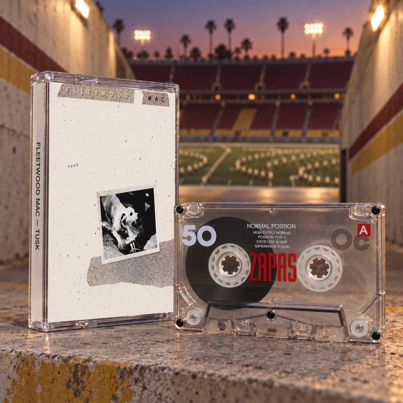 May include: A clear plastic cassette case with a white insert featuring the text Fleetwood Mac Tusk and a black and white photograph, alongside a transparent cassette tape labeled 50, Normal Position, and the red text ZAPAS on side A.