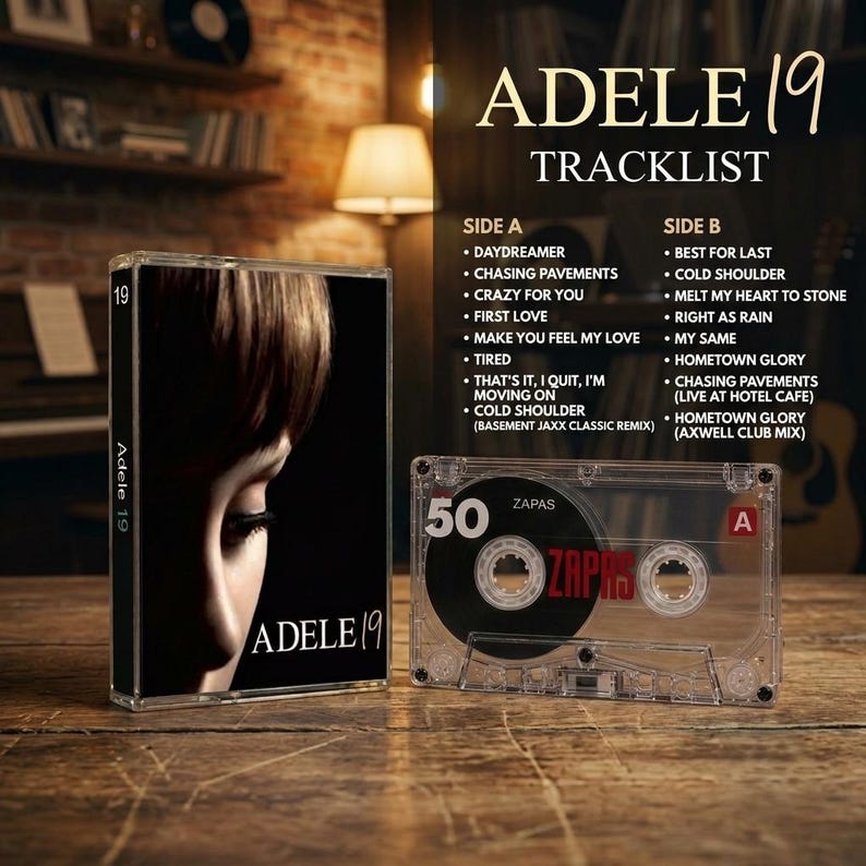 May include: A clear plastic cassette case featuring the Adele 19 album cover with a close-up of a face, alongside a transparent cassette tape labeled Side A with the number 50 and the word ZAPAS printed in red on the black reel.