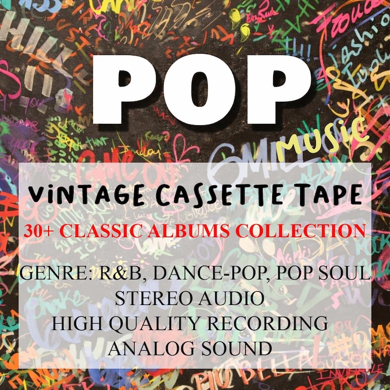 May include: A digital graphic featuring the word POP in large white letters over a black background covered in colorful graffiti. Text reads: VINTAGE CASSETTE TAPE, 30+ CLASSIC ALBUMS COLLECTION, GENRE: R&B, DANCE-POP, POP SOUL, STEREO AUDIO, HIGH QUALITY RECORDING, ANALOG SOUND.
