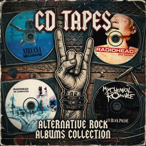 May include: A collection of alternative rock albums on CD. The image shows CDs from bands like Nirvana, Radiohead, and My Chemical Romance. A hand making a rock and roll sign is in the center, with the text "CD Tapes" and "Alternative Rock Albums Collection".
