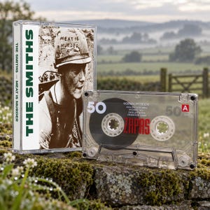 May include: A clear plastic cassette tape case featuring The Smiths Meat Is Murder album cover art with a soldier wearing a helmet. Beside it sits a transparent cassette tape with the text 50, ZAPAS, and A printed on the clear plastic shell.