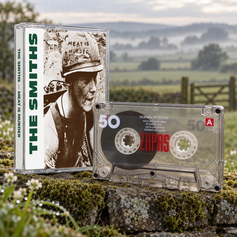 May include: A clear plastic cassette tape case featuring The Smiths Meat Is Murder album cover art with a soldier wearing a helmet. Beside it sits a transparent cassette tape with the text 50, ZAPAS, and A printed on the clear plastic shell.