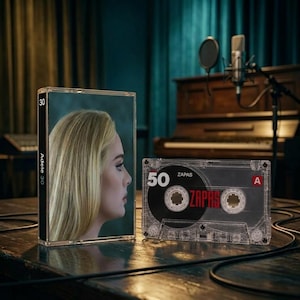 May include: A clear plastic cassette tape labeled 50 ZAPAS with a red A, positioned next to a rectangular case featuring a profile portrait of a blonde person and the text Adele 30 on the spine, set against a dark, moody studio background.