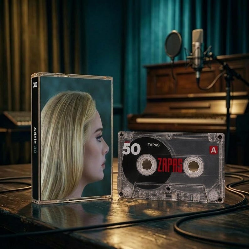 May include: A clear plastic cassette tape labeled 50 ZAPAS with a red A, positioned next to a rectangular case featuring a profile portrait of a blonde person and the text Adele 30 on the spine, set against a dark, moody studio background.
