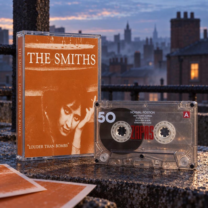 May include: A clear plastic cassette case featuring an orange cover with the text THE SMITHS and LOUDER THAN BOMBS, alongside a black and white portrait. Beside it sits a transparent cassette tape with the number 50 and the letter A printed on it.