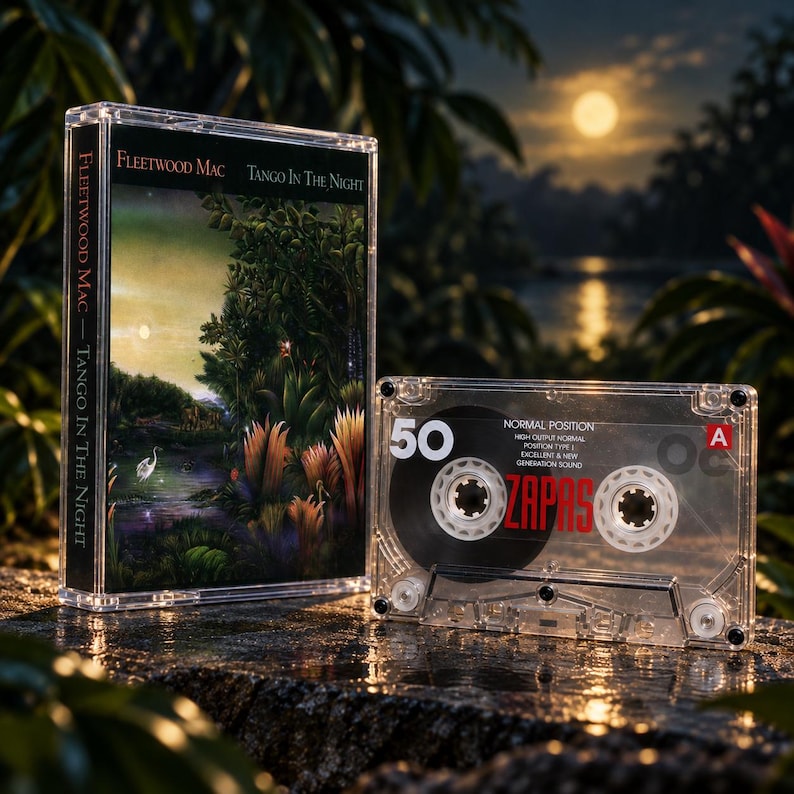 May include: A clear plastic cassette case featuring the Fleetwood Mac Tango in the Night album cover art, alongside a transparent cassette tape labeled 50, Normal Position, and Zapas in red text, with a side A indicator on the right side.