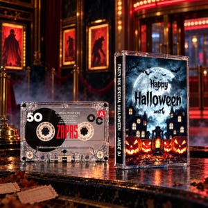 Può includere: Una cassetta in plastica trasparente con bobine nere e il testo ZAPAS 50, accanto a una custodia abbinata con una grafica di Halloween raffigurante luna piena, zucche, una lanterna e il testo Happy Halloween JAREZ DJ.