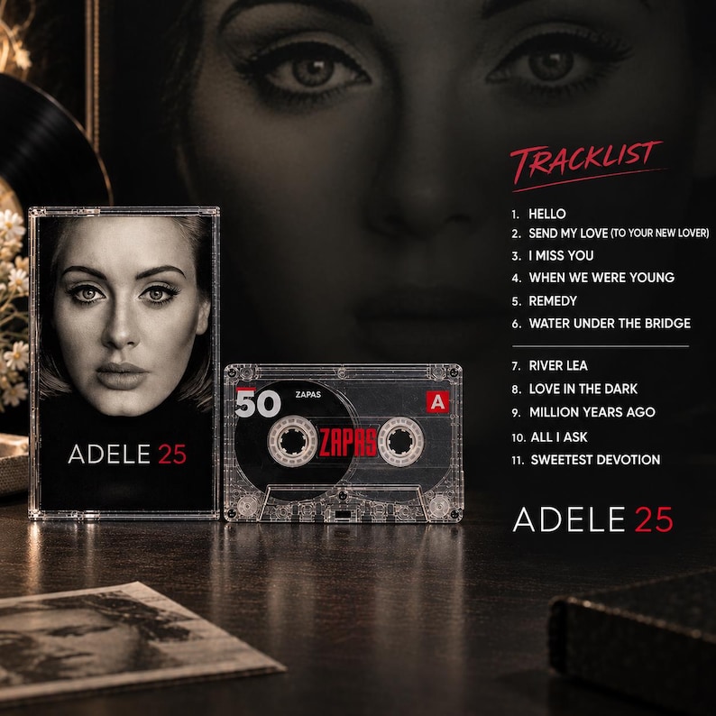 May include: A clear plastic cassette tape with a black label featuring the number 50 and the word ZAPAS in red. Next to it is a cassette case with a portrait of Adele and the text ADELE 25. A tracklist is printed on the right with 11 song titles.