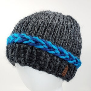 Unisex Latvian Braid 100% Wool Bulky Winter Hat Beanie, Hand Knitted Cap Toque, Gray Navy Blue Turquoise One Size Fits All Handcrafted OOAK