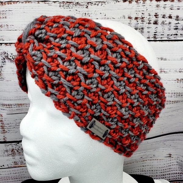 Women's MAROON & GRAY Yak Wool Ear Warmer Headband, Tunisian Crochet Earwarmer Warm One Size Fits All Ponytail Messy Bun Dark Red