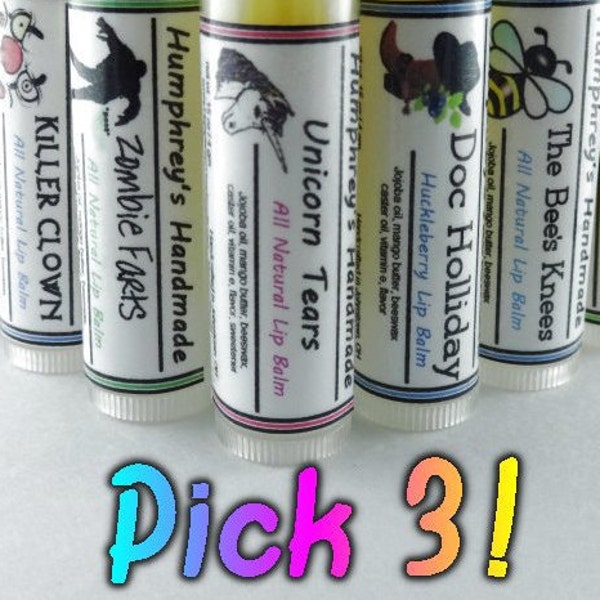 CHOOSE 3 Handcrafted Moisturizing Lip Balms, Pick 3 Balms You Pick Flavors Jojoba Oil Cocoa Butter Vitamin E Essential Oil Stocking Stuffers