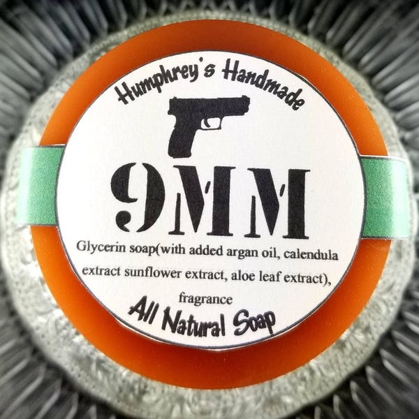 9MM Shave & Shampoo Soap, Coffee and Leather Scented Unisex Men's or Women's Soap, Round Soap Puck, Brown, Rich Earthy 2A Patriot Pistol