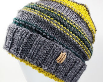 Mens Alpaca and Wool Winter Hat Beanie, Hand Knitted Cap Toque, Gray Dark Green Mustard Yellow One Size Fits All Handcrafted OOAK M L XL XXL