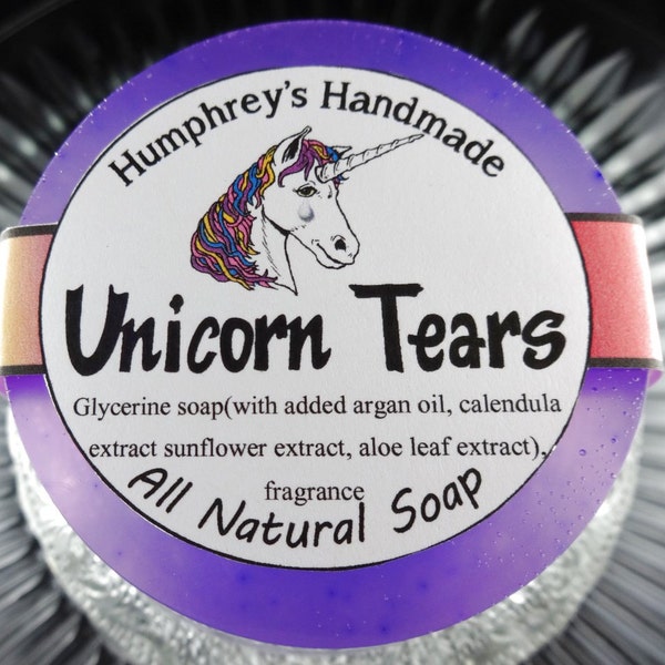 UNICORN TEARS soap, Cherry Coconut Buttercream Shave & Shampoo Soap, Round Purple Puck, Sweet Magical Scent, All In One Unicorn Soap