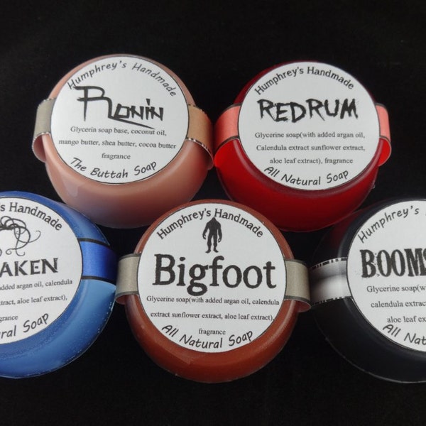 5 Men's Sample Soaps, Handmade Glycerin Soap Sampler, Shave & Shampoo Soap, Round Pucks, Bigfoot, Redrum, Kraken, Boomstick, Ronin