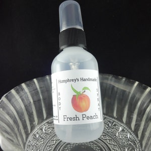 FRESH PEACH Body Spray, Handcrafted Perfume Room and Linen Spray 2 oz, Witch Hazel Women's Fragrance Oil, Ripe Peaches Fresh Fruit