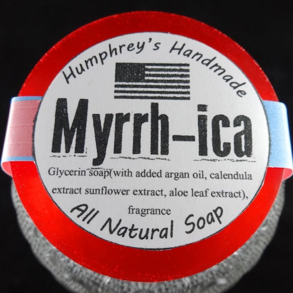 MYRRH-ICA soap, Frankincense & Myrrh Glycerin Soap, Beard Wash, Unisex Soap, Round Soap Puck, Bright Red, Patriotic Soap, 4th of July