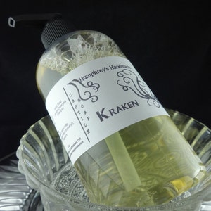 KRAKEN Men&#39;s Beard Wash & Body Wash, 8 oz, Aqua Di Geo Scent Castile Soap, Shampoo Hand Soap, Citrus Rosemary Jasmine Wood Ocean