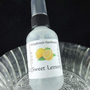 SWEET LEMON Body Spray, Lemon Sugar Scented Handcrafted Perfume Room and Linen Spray 2 oz 4 oz, Witch Hazel Fragrance Scent Citrus Scent