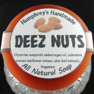 DEEZ NUTS Glycerin Soap, Honey Almond Shave & Shampoo Soap, Beard Wash Round Soap Puck, Argan Oil Brown, Funny Silly Crude