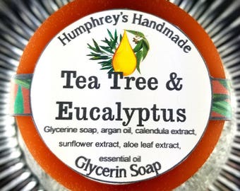 TEA TREE & EUCALYPTUS Soap, Unisex Acne Soap with Essential Oil, Men's Women's Round Glycerin Puck, Beard Wash Wet Shaving