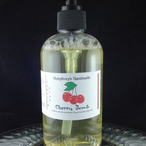 CHERRY BOMB Women&#39;s Body Wash, 8 oz, Black Cherry Scent Castile Soap, Shampoo Hand Soap, Shower Gel Cherry Bubble Bath Face Wash