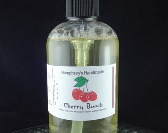CHERRY BOMB Women's Body Wash, 8 oz, Black Cherry Scent Castile Soap, Shampoo Hand Soap, Shower Gel Cherry Bubble Bath Face Wash