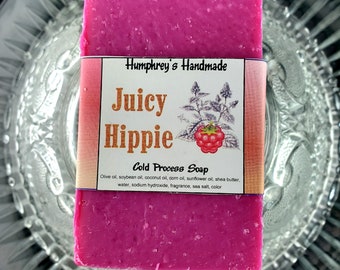 JUICY HIPPIE Cold Process Soap, Raspberry Patchouli Scent, Exfoliating Salt and Oatmeal, Hot Pink, Hand Soap Earthy Woody Natural