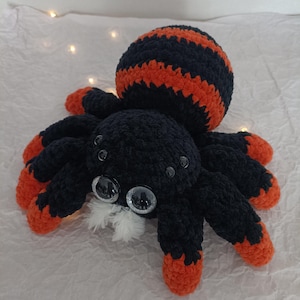 Handmade Black and Orange Crochet Spider – Soft Plush Tarantula – Cute Halloween Stuffed Animal for Kids or Bug Lovers
