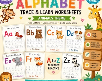 3 in 1 Animal themed A to Z Letter Tracing Worksheets for preschoolers (Printable)