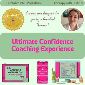 May include: A digital graphic promoting a confidence coaching experience. The image features text that reads "Ultimate Confidence Coaching Experience" and "You're a Woman on a Mission." There is also a photo of a woman and graphics of a phone and computer.