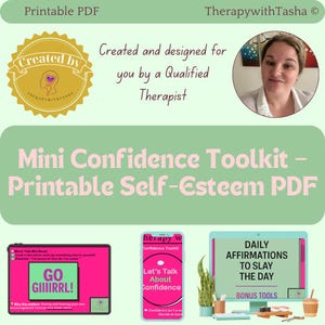 Könnte beinhalten: Ein digitales Grafikdesign, das ein "Mini Confidence Toolkit - Printable Self-Esteem PDF" bewirbt. Das Design zeigt ein Foto einer Frau, ein goldenes Siegel und Bilder eines Tablets, Telefons und Computerbildschirms mit Affirmationen.