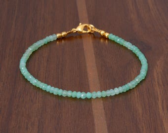 Chrysoprase Bracelet, 3mm Faceted Pale Green Gemstone, Gold Fill or Sterling Silver