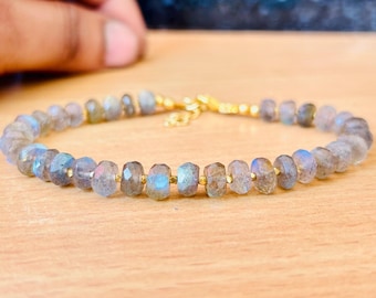 Bracciale con perline di labradorite sfaccettata da 8-10 mm, pietra preziosa AAA