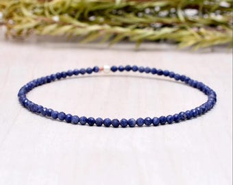 Sapphire Stretch Bracelet, Beaded Dainty Blue Elastic Jewelry, September Birthstone