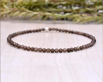 Smoky Quartz Stretch Bracelet, Delicate Beaded Brown Gemstone Jewelry Jewelry