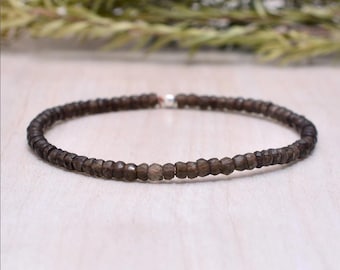 Smoky Quartz Stretch Bracelet, Delicate Beaded Brown Gemstone Jewelry Jewelry