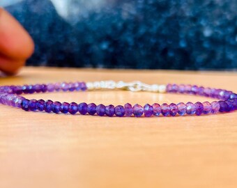 Faceted Amethyst 925 Sterling Silver Bracelet, Boho Stacking Bracelet