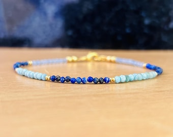 Bracciale con pietre preziose AAA Larimar, Lapislazzuli e Acquamarina, perline da 2,5 mm
